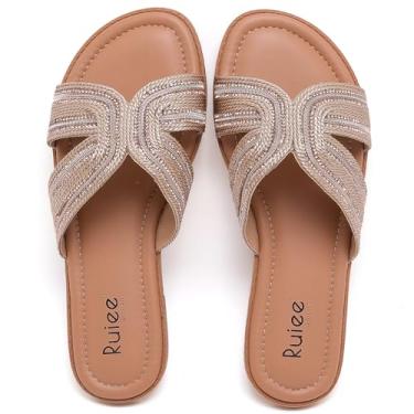 Imagem de Ruiee Sandálias rasteiras femininas de largura larga, moderno, diamante, brilhante, casual, elegante, confortável, noiva, casamento, verão, sem cadarço, sandálias de pés largos para mulheres., Tan Pu