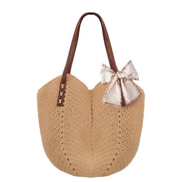 Imagem de Peicees Bolsa de crochê com forro à prova de vazamento para mulheres - bolsa de praia pequena Boho bolsa de ombro viagem de férias de verão, Caqui