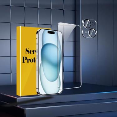 Imagem de Pacote com 1 protetor de tela para iPhone 15 Plus, com 1 pacote de protetor de lente de câmera de vidro temperado, acessórios compatíveis com capas para Apple