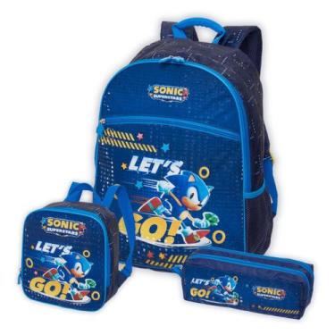 Imagem de Kit Sonic Mochila Costas Lancheira Térmica Estojo Duplo Kids Cor:Azul,