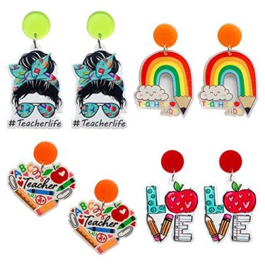 Imagem de Brincos de acrílico para professores, arco-íris, pingentes, coloridos, joias de volta às aulas, presentes de agradecimento ao professor - 4 pares, Resina, Sem pedra preciosa