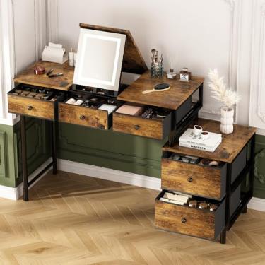 Imagem de Penteadeira com Espelho, Penteadeira Escrivaninha com 5 Gavetas para Armazenamento Amplo, Penteadeira Camarim, Escrivaninha com Penteadeira