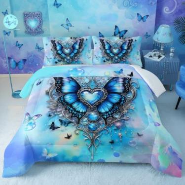 Imagem de QOOMO Jogo de cama solteiro com estampa de animal fofo de borboleta, para decoração de quarto de meninos e meninas, azul, microfibra leve, 1 edredom e 2 fronhas