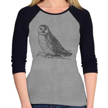 Imagem de Baby Look Raglan Coruja Traços Manga 3/4 - Foca na Moda, Cinza, Preto,