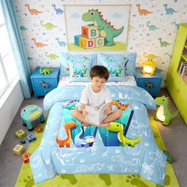 Imagem de Erosebridal Jogo de cama solteiro de dinossauros fofos em uma bolsa, 7 peças, dinossauros da selva, com desenho animado de letra W, para crianças e adultos, animais selvagens e dinossauros