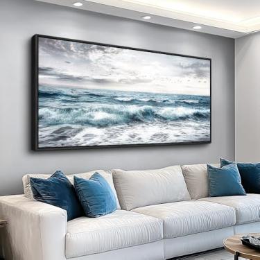 Imagem de QIYILEXWART Arte de parede em tela grande emoldurada preta para sala de estar, decoração de parede para quarto, escritório, decoração de parede, pintura de ondas do oceano, pintura moderna, imagem