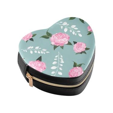 Imagem de Burbuja Caixa de joias em forma de coração de peônias rosa mini estojo de joias de viagem para mulheres e meninas, estojo portátil organizador de armazenamento para brincos, anéis, colares e pulseiras