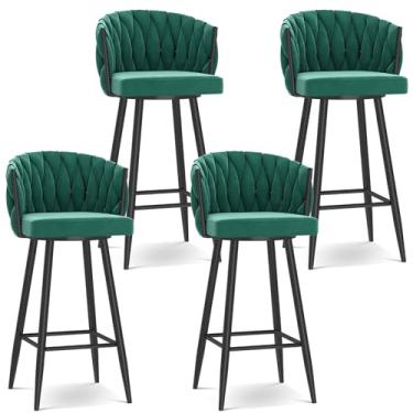 Imagem de Banquetas de bar giratórias modernas de 360°, cadeiras de cozinha estofadas de altura de bar com pernas de aço e apoio para os pés, perna verde e preta, 4 peças