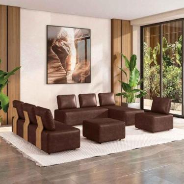 Imagem de Sofá Liphis Sala de Estar Modulado Moderno Pés de Madeira PU Marrom G4