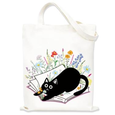 Imagem de Linda sacola estética de gato preto para mulheres e meninas, bolsas de pano com alças, bolsa de animal adorável, sacolas fofas para mulheres, bolsa de compras reutilizável para viagens, compras