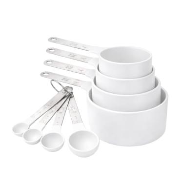 Imagem de KIT 8 PEÇAS COLHER MEDIDORA XICARA FEITO EM PLÁSTICO COM ALÇA DE AÇO INOXIDÁVEL CONJUNTO (Branco)