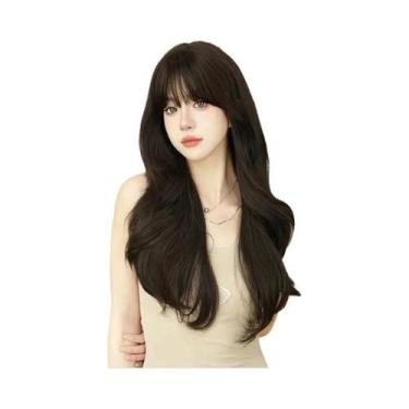 Imagem de Peruca Feminina Longa Ondulada Marrom Com Franja Volumosa, Sintética E