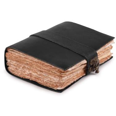 Imagem de Rasavi Diário vintage encadernado de couro para mulheres e homens - Livro das sombras - Fecho de cadeado - 200 páginas de papel aquarela feito à mão com bordas antigas - preto - 33 x 20 cm