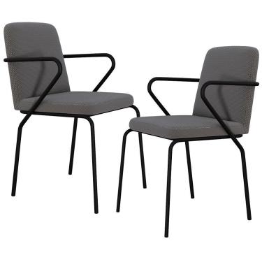 Imagem de Kit 02 Cadeiras Estofada Para Sala De Jantar Com Braço Loft Preto C01 Linho Fendi Cinza - Lyam Decor