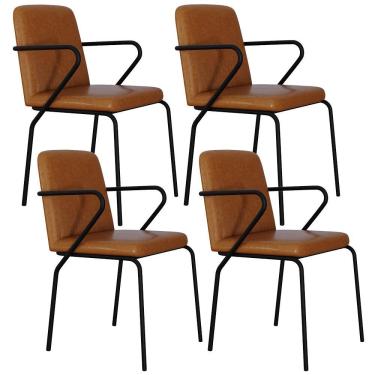 Imagem de Kit 04 Cadeiras Estofada Para Sala De Jantar Com Braço Loft Preto C01 Courino Caramelo - Lyam Decor