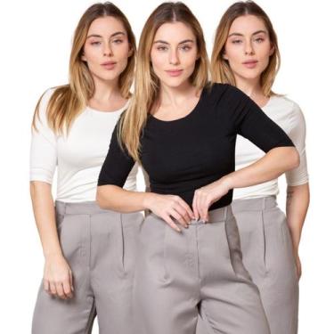 Imagem de Kit 3 Blusas Feminina Manga 3/4 com Abertura nas Costas - Maranne, Kit