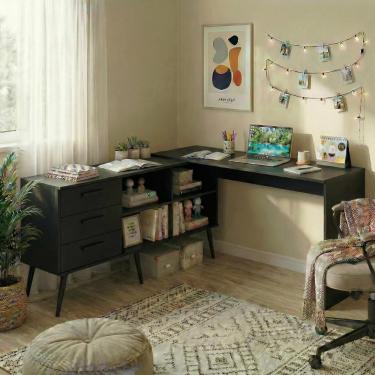 Imagem de Escrivaninha De Estudos Em L Com 3 Gavetas Porto Multimóveis Mp6045 Preto