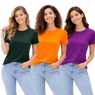 Imagem de 3 Camisetas Feminina Algodão 30.1 Kit 3 Cores Variadas Gola redonda Bá
