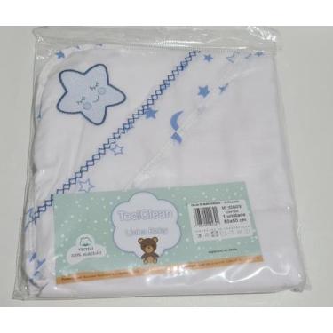 Imagem de Toalha de Banho Infantil Bordada - Teciclean Baby, Branca/Azul_Estrela
