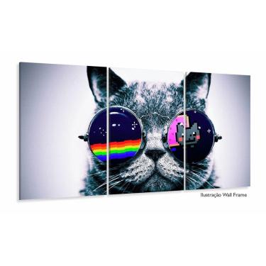 Imagem de Quadro Decorativo Gato Pisicodelico Sala Quarto 3 pçs 120x60