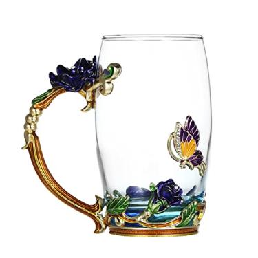 Imagem de Tingpai Rosa azul Esmalte Artesanato Copo de Água Caneca Caneca com Alça Design Xíca de Café Chá com Colher Conjunto de Pano de Limpeza 350 ML