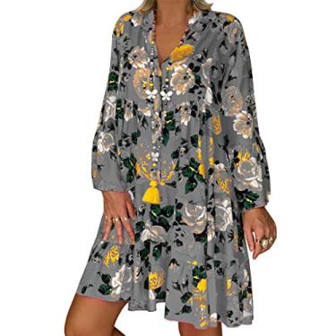 Imagem de Vestido feminino de verão vintage, solto, estampa floral, comprimento até o joelho, casual, sem mangas, vestido midi, Cinza, XXG