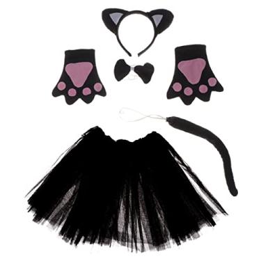 Imagem de 5 peças infantil animal orelha de gato preto faixa laço cauda luvas saia de tule artigos de festa cosplay para crianças