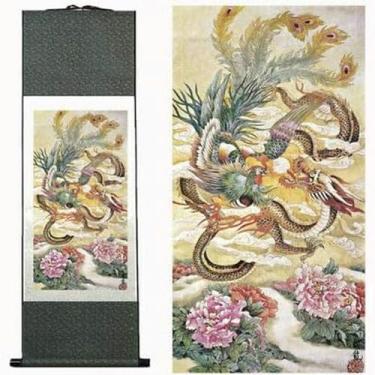 Imagem de Jaxiuk Decoração de parede asiática bela pintura de rolo de seda flor - dragão fênix decoração oriental arte chinesa mural pintura de parede rolo (91,9 x 30,48 cm)