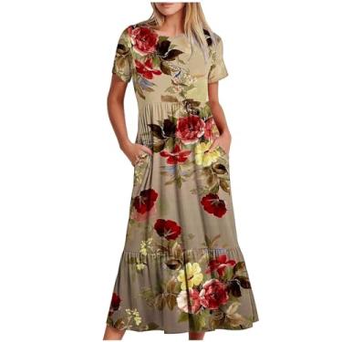 Imagem de Vestidos femininos de manga curta floral soltos para mulheres decote canoa maxi longo midi outono verão vestidos 2024, F-65 multicolorido, P