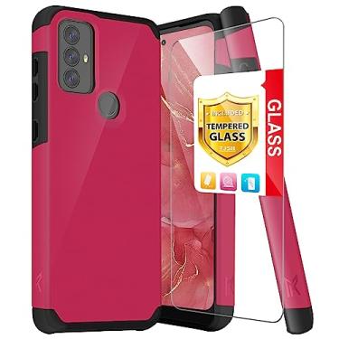 Imagem de TJS Capa compatível com Motorola Moto G Play 2023, capa para Moto G Pure/G Power 2022, com protetor de tela de vidro temperado híbrido de camada dupla (compatível com montagem magnética) capa de telefone à prova de choque (rosa vermelha)