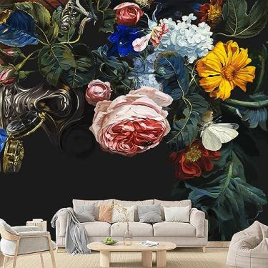 Imagem de COKCOKR Papel de parede floral vintage, multicolorido, botânico, floral, moderno, moderno, fundo de TV, arte de parede, murais, murais 3D, decoração de sala de estar, mural 383,5 x 266,7 cm (mural