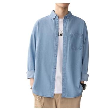 Imagem de Camisa jeans masculina, manga comprida, cor sólida, bolso frontal, abotoada, colarinho aberto, Azul claro, XG