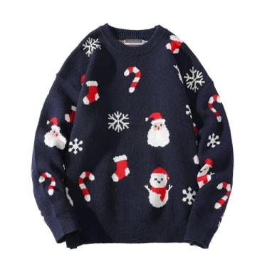 Imagem de Suéter masculino de Natal de Papai Noel, gola redonda, suéter térmico de malha canelada, Azul-escuro, 3G