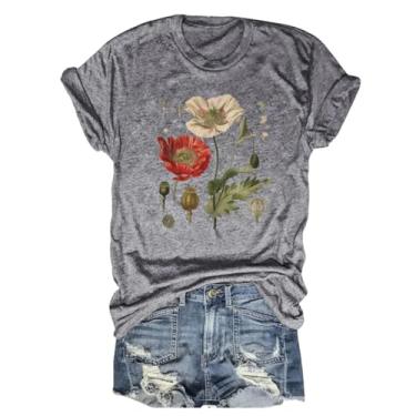 Imagem de Camiseta feminina ousada com estampa de flores silvestres super macia, manga curta, gola redonda, casual, fofa, tops, Cinza, G