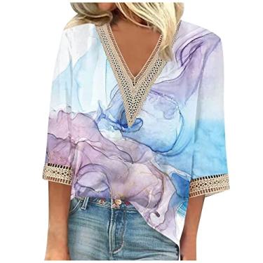 Imagem de Camisetas femininas de verão manga 3/4 com decote em V floral 2024, camisetas femininas casuais com acabamento em renda, blusas femininas elegantes e casuais, Roxo claro 83, 3G