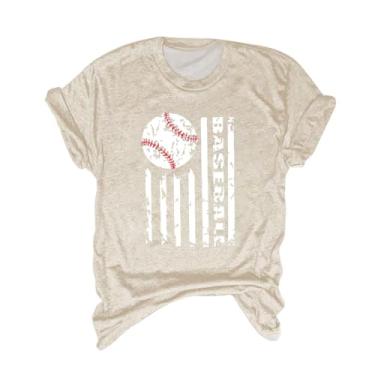 Imagem de Camiseta feminina de beisebol estampada com gola redonda, ajuste solto, manga curta, camiseta de beisebol de verão, Bege, M