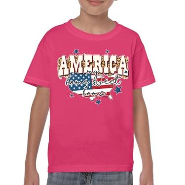 Imagem de Camiseta juvenil America My Home Sweet Home 4th of July Stars and Stripes Pride American Dream Patriotic USA Flag Kids, Rosa choque, G