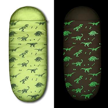 Imagem de RIOYALO Saco de dormir infantil de dinossauro que brilha no escuro para meninos, acampamento, caminhada - lavável na máquina, durável, impermeável, leve - saco de pijama e mochila conjunto de presente