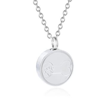 Imagem de Loybora Colar redondo com pingente de urna para animais de estimação, estampa de pata de cachorro e joia de cremação gravada em osso para cinzas, joias de aço inoxidável para lembrança, colares de