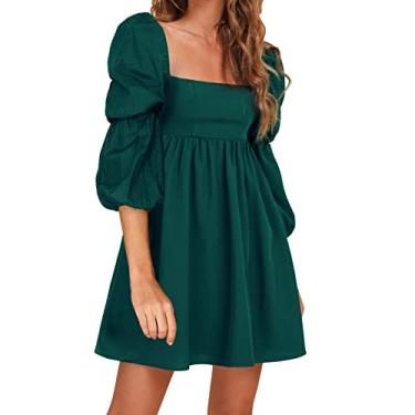 Imagem de EXLURA Vestido feminino de gola quadrada, manga bufante, evasê, casual, curto, minivestido, Verde escuro, P