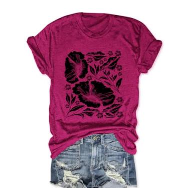 Imagem de Camiseta feminina vintage com flores silvestres engraçadas, estampa de plantas, camisetas de manga curta, K - rosa, P