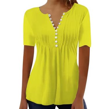 Imagem de Camiseta feminina de verão, gola V, botões, blusas, cor lisa, plissada, caimento solto, manga curta, túnica, Amarelo, P