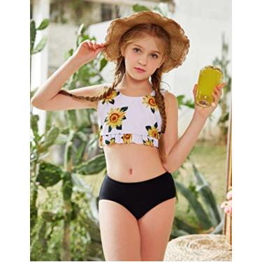 Imagem de Arshiner Biquíni de praia para meninas, 2 peças, estampa floral, roupa de banho para 4 a 12 anos, Um grande padrão de girassol, 13-14 Years