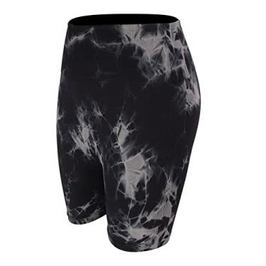 Imagem de Shorts de Yoga Tie Dye Preto Elástico Sem Costura Cintura Alta Shorts de Yoga para Academia (S)