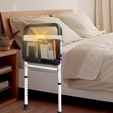 Imagem de Trilhos de cama para adultos idosos segurança com luz de movimento alturas ajustáveis suporte de bolso de armazenamento grade lateral para idosos desliza sob a cama barras de alça de cama (branco com