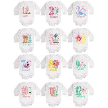 Imagem de Body Mesversario Manga Longa Jardim Encantado Kit 12 bodies de Bebê-Feminino