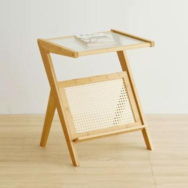 Imagem de Mesa lateral de vime, mesa de canto de bambu com suporte de revista, mesa lateral de sofá com tampo de vidro, mesa de centro boho em forma de Z para quarto, sala de estar, espaço pequeno