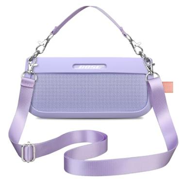 Imagem de BOVKE Capa de silicone compatível com alto-falante portátil Bose SoundLink Flex Bluetooth, capa protetora de silicone macia para alto-falante sem fio Bose SoundLink Flex com 2 tiras, roxo