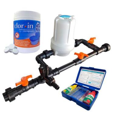 Imagem de Kit clorador de linha 1/2 + pastilha de cloro + kit análise de água - 