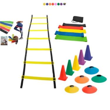 Imagem de Kit Funcional Agilidade 05 Cones 05 Chapéus Chinês Escada 7 Degraus 01 Kit 5 Faixas Mini Bands